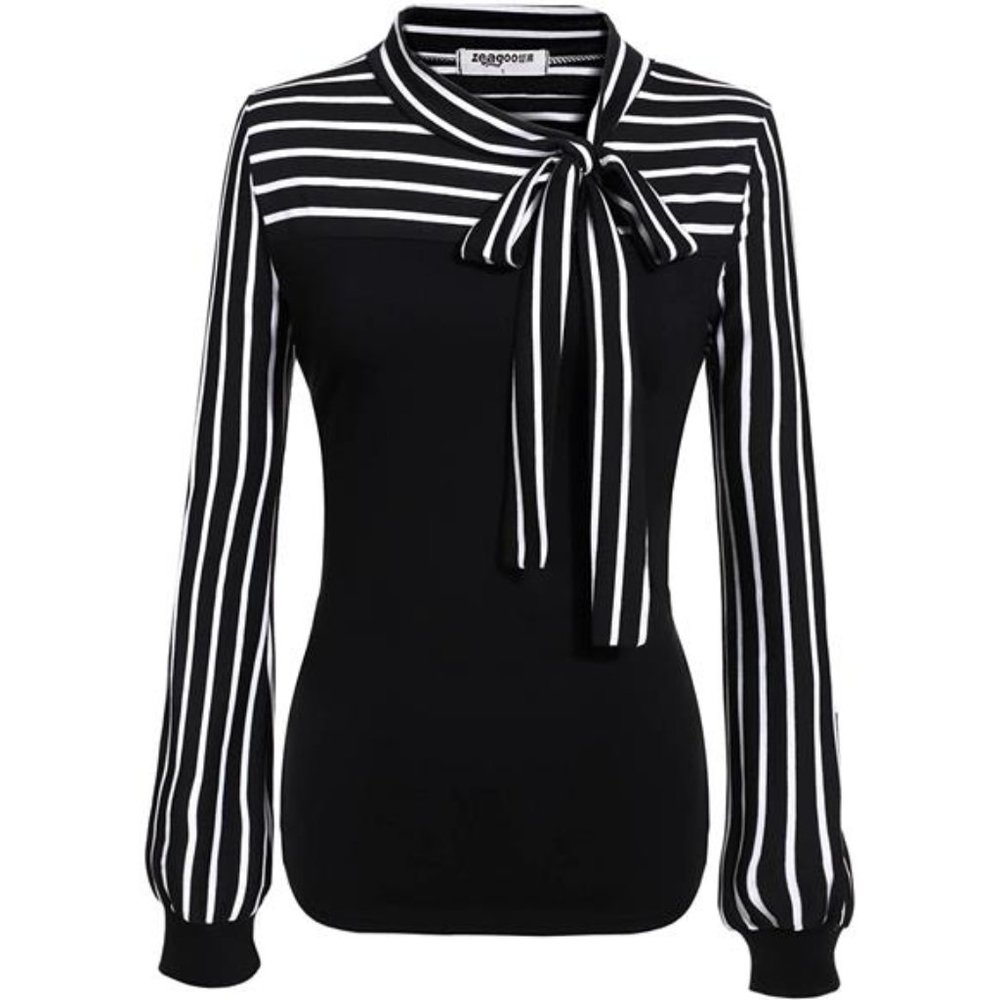 Women Office Blouse Bow Tie Neck Long Sleeve Shirts Work Tops
